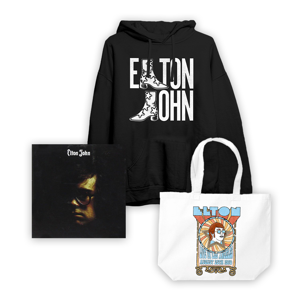 Elton John Vinyl + Troubadour Boot Black Hoodie + Tote Bag