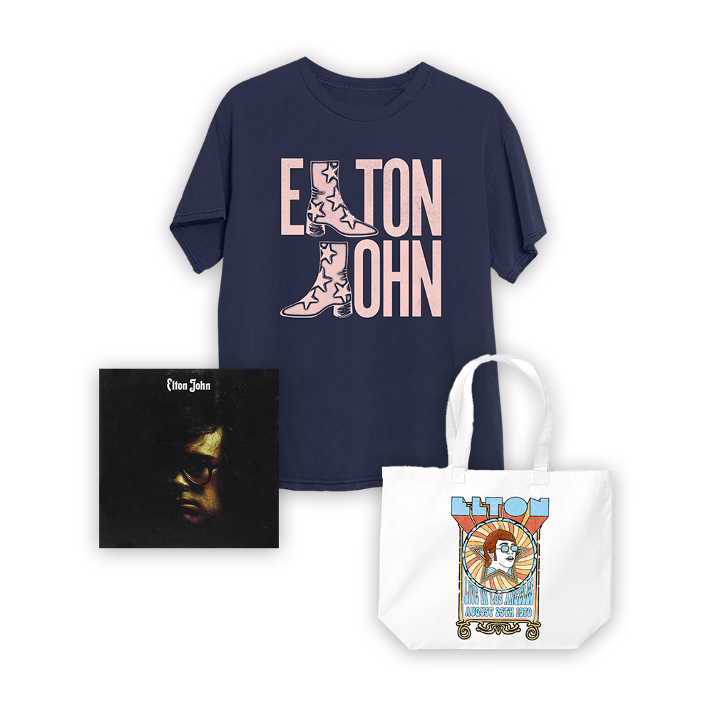 Elton John Vinyl + Troubadour Boot Navy T-Shirt + Tote Bag