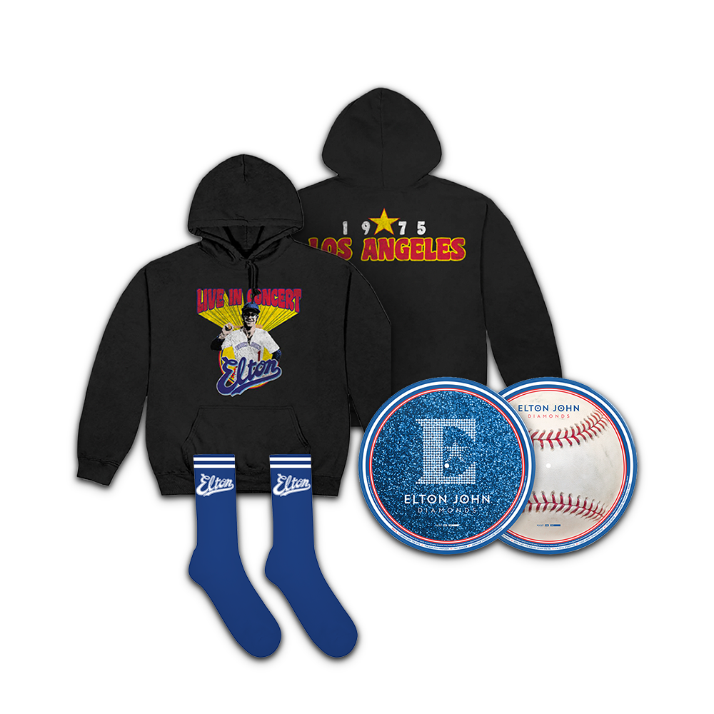 Diamonds Baseball Picture Disc + Elton Live in LA 1975 Black Hoodie + Live in LA Blue Socks